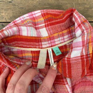 Anthropologie  Tencel Plaid Button Down Shirt 1X Blue Indigo Fringe 3232